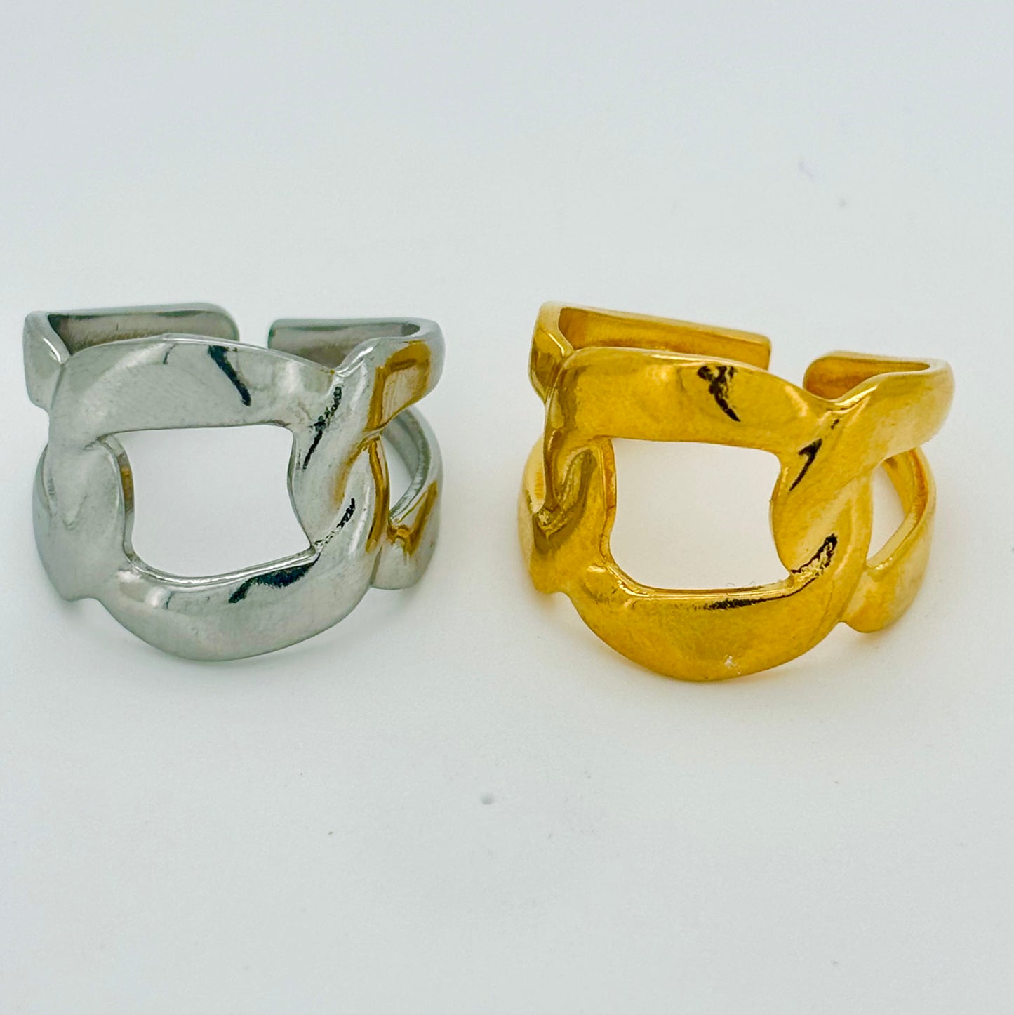 Chunky chain ring adjustable in stainless steel silver or gold tone R12