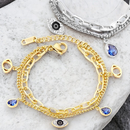 BLUE EYE double layer chain bracelet with blue charms in stainless steel Silver or gold tone Pxx