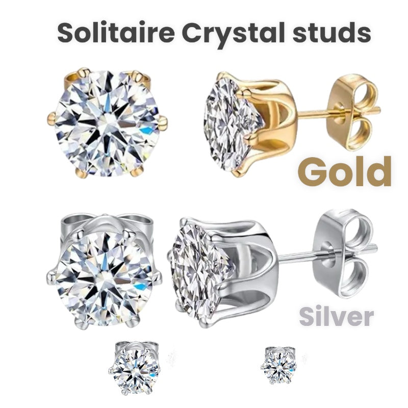 Earring bundle 3 pairs of crystal earrings. Heart, square and solitaire crystals. Hypoallergenic stainless steel water and tarnish resistant silver or gold men or women boys girls 6mm and 4mm sizes