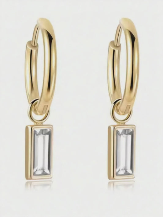 Rectangle crystal drop hoops in silver and gold E14